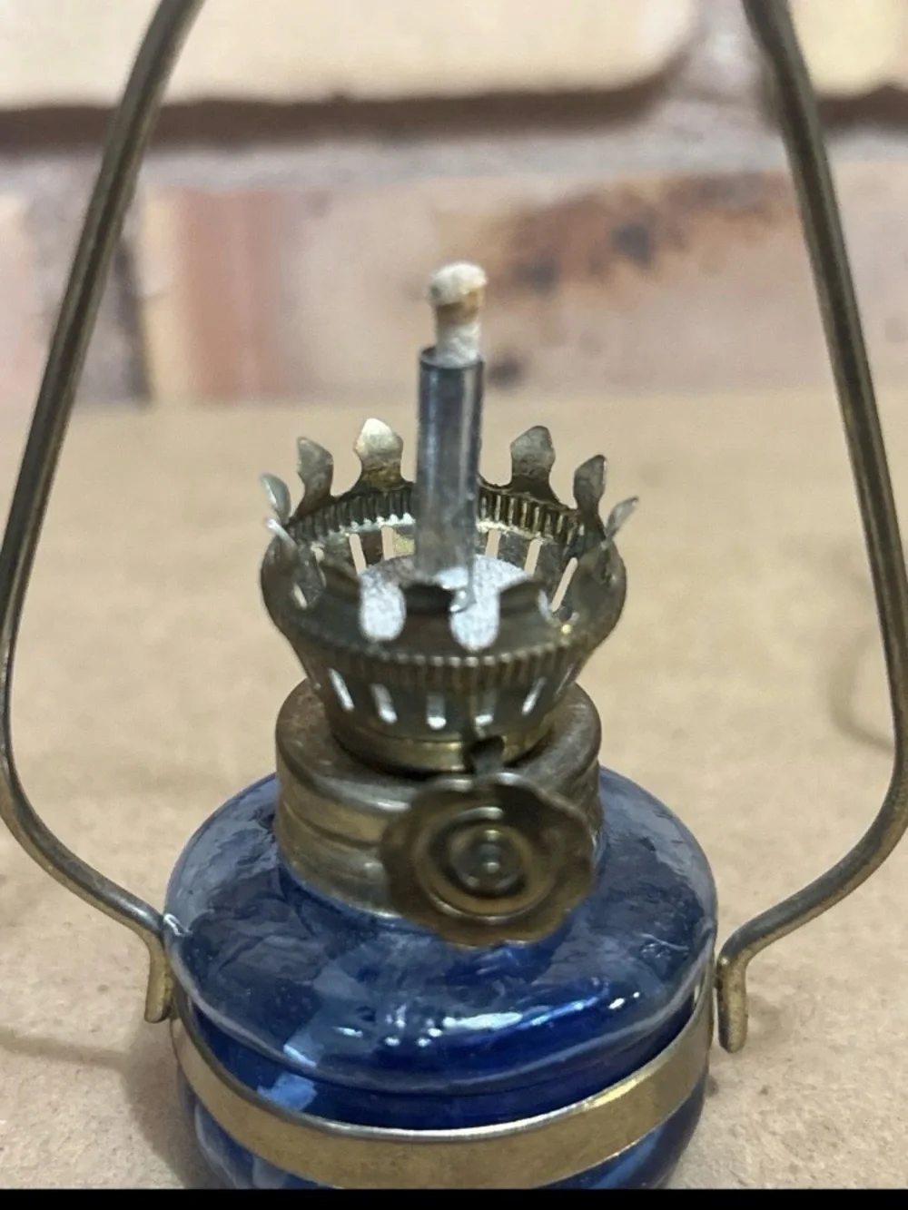 Pair Of Vintage Mini Blue Glass Hurricane Oil Lamp 5”
